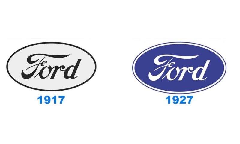 Imagen donde se ve la comparación entre loa logos de la reconocida marca estadounidense de automóviles Ford de 1917 y 1927.| Mycaready Technologies