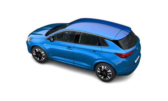 Imagen desde arriba del modelo de coche Opel Grandland 1.5 GS Line de color azul, con cambio automático y motor diesel.