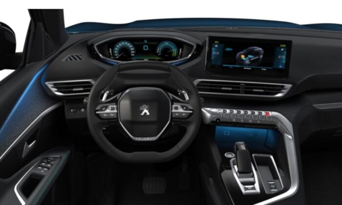 Imagen interna del coche Peugeot modelo 3008 Allure PHEV e-EAT8 de color azul ,Motor Híbrido Enchufable Gasolina ,Potencia 225 CV con Cambio Automático.