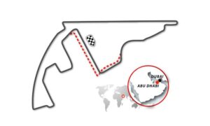 Imagen en la que aparece el mapa de todo el recorrido del circuito de Fórmula 1 del Gran Premio de Abu Dhabi y localizado dentro de un mapa mundial.