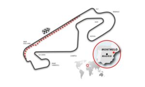 Imagen en la que aparece el mapa de todo el recorrido del circuito de Fórmula 1 del Gran Premio de España y localizado dentro de un mapa mundial.