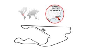 Imagen en la que aparece el mapa de todo el recorrido del circuito de Fórmula 1 del Gran Premio de Miami y localizado dentro de un mapa mundial.