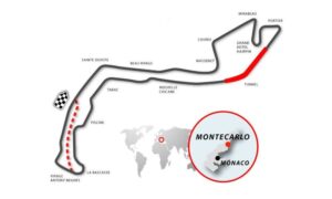 Imagen en la que aparece el mapa de todo el recorrido del circuito de Fórmula 1 del Gran Premio de Mónaco y localizado dentro de un mapa mundial.