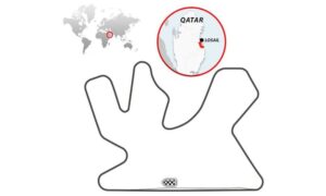 Imagen en la que aparece el mapa de todo el recorrido del circuito de Fórmula 1 del Gran Premio de Qatar y localizado dentro de un mapa mundial.
