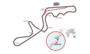 Imagen en la que aparece el mapa de todo el recorrido del circuito de Fórmula 1 del Gran Premio de Japón y localizado dentro de un mapa mundial.