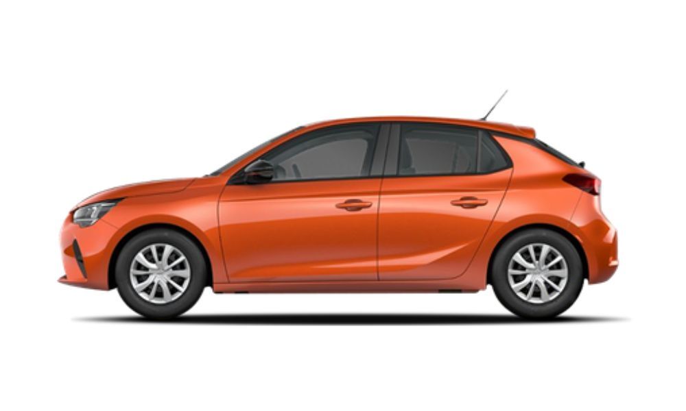 Imagen lateral del coche OPEL CORSA 1.2T XHL GS-Line en color naranja, cambio manual y un Motor a gasolina de 115cv| Mycaredy Technologies
