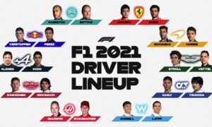 Imagen en la que aparecen todos los pilotos que compiten en el campeonato de la Fórmula 1 de 2023, con sus respectivos equipos y sus compañeros.