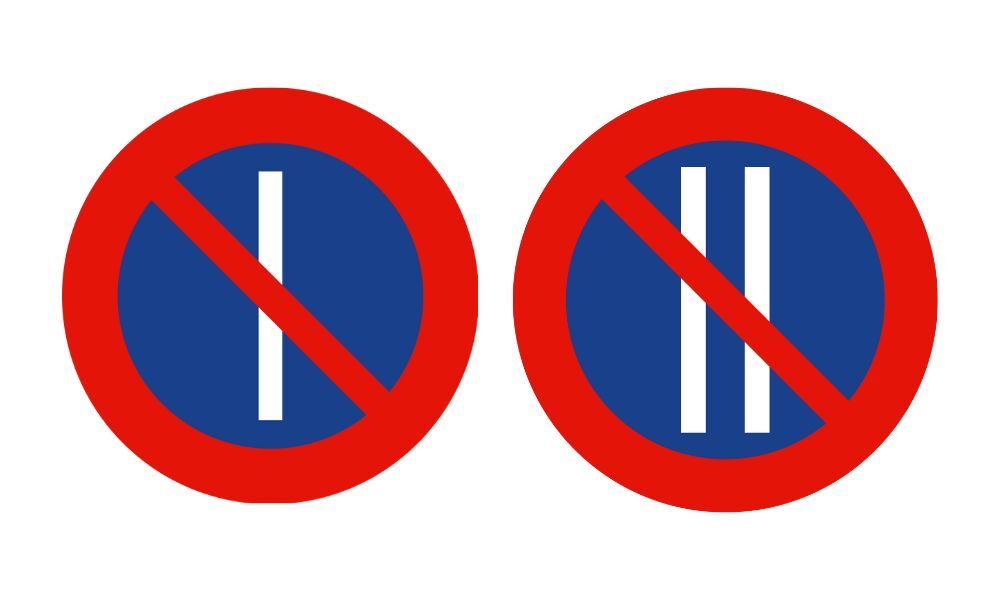 Imagen de las señales de tráfico R-308a (derecha) y R-308b (izquierda) que prohíben el aparcamiento de vehículos los días impares y pares. 