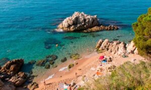 Imagen desde arriba de una cala preciosa de agua cristalina con rocas, situada en el municipio de Calella de Mar en el Maresme.